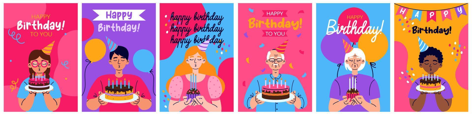 conjunto de cumpleaños saludo tarjetas con personas soplar fuera velas en el pastel o magdalena globos y papel picado en antecedentes. cumpleaños fiesta, celebracion, Felicidades, invitación concepto. vector