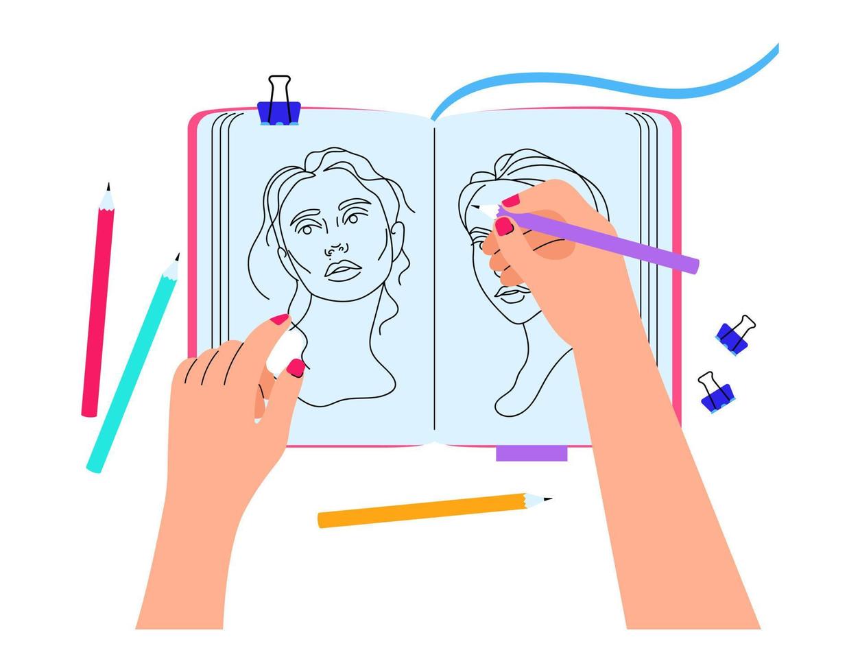 Artist holding pencil and eraser, drawing in sketchbook. Open notebook with women sketches. vector