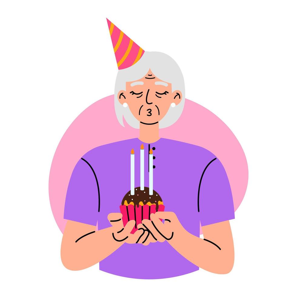 cumpleaños celebracion. antiguo mujer soplo velas en festivo magdalena sorpresa, aniversario concepto. plano vector ilustración en blanco antecedentes.