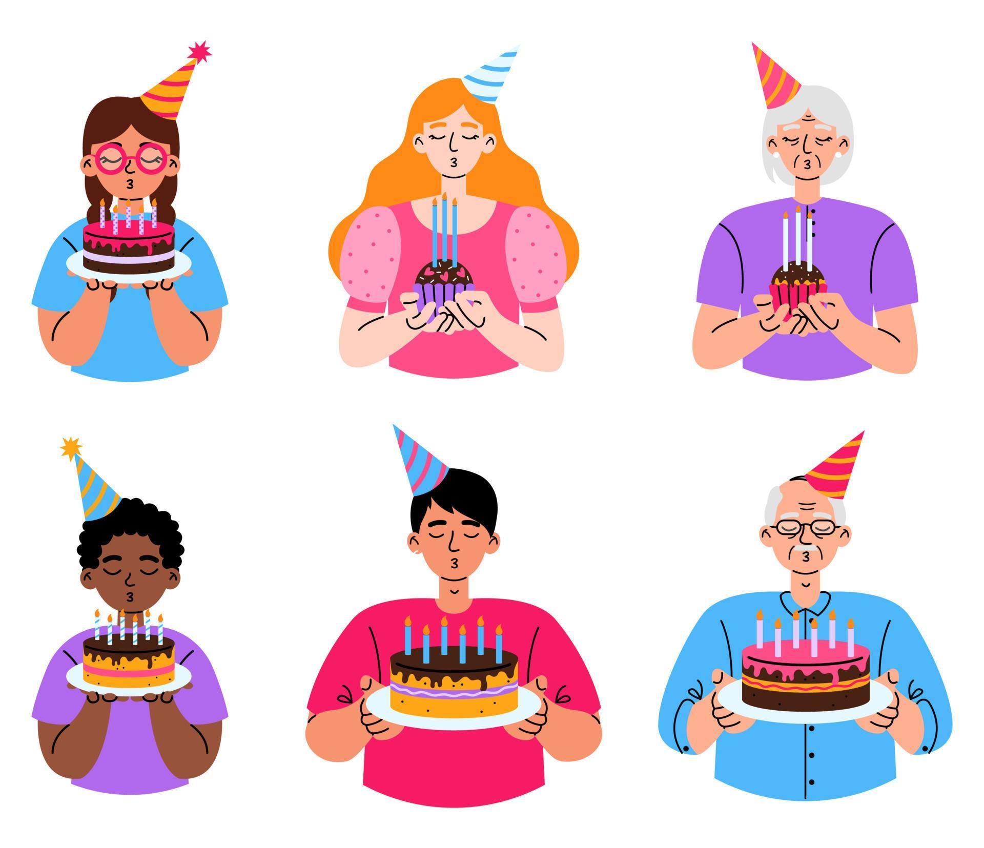 Set of people blow out candles on the cake or cupcake. Birthday