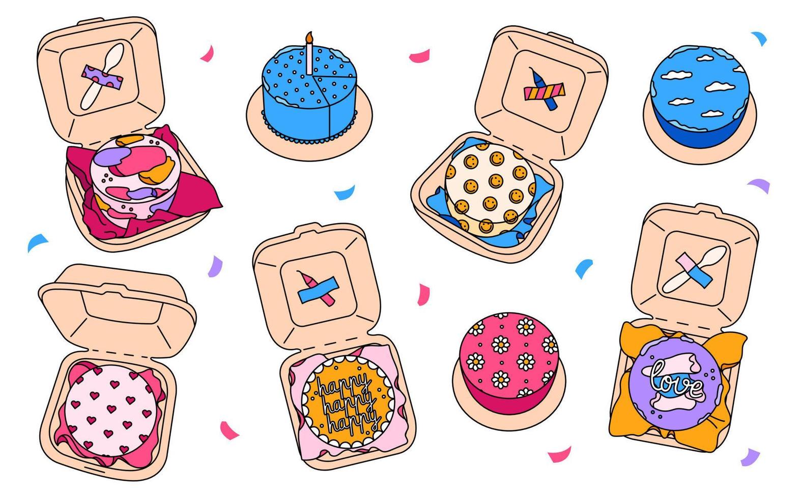 Collection of bento cakes in a package with celebration candle and spoon. Flat vector illustration on white background.