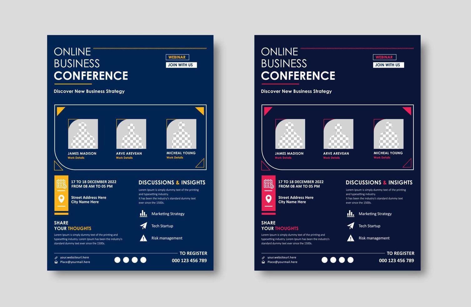 Business conference live meeting and event flyer template. Corporate invitation business workshop and abstract seminar promotion poster design. Leaflet, modern layout, pamphlet, vector flyer in A4.