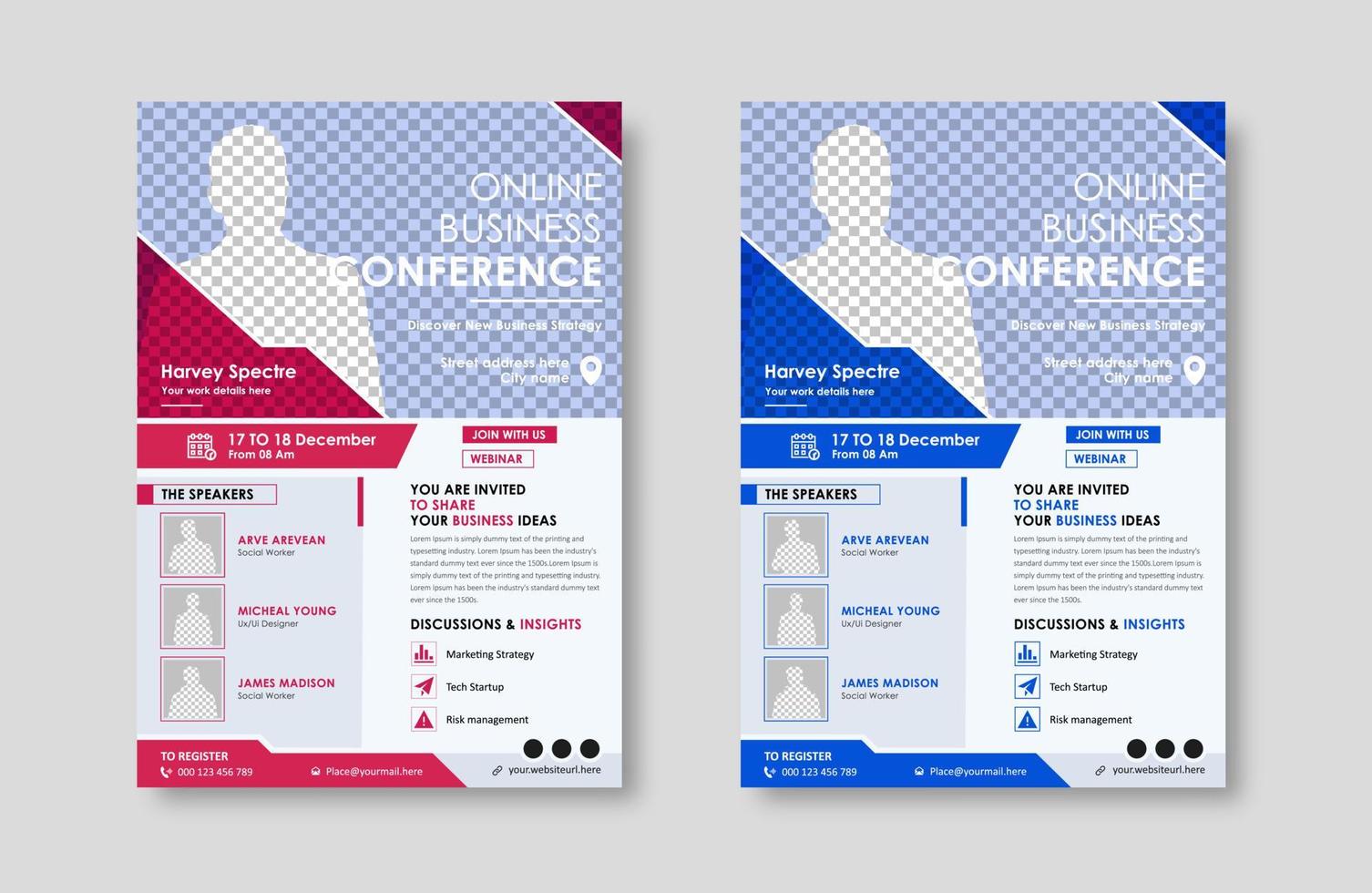 Business conference live meeting and event flyer template. Corporate invitation business workshop and abstract seminar promotion poster design. Leaflet, modern layout, pamphlet, vector flyer in A4.