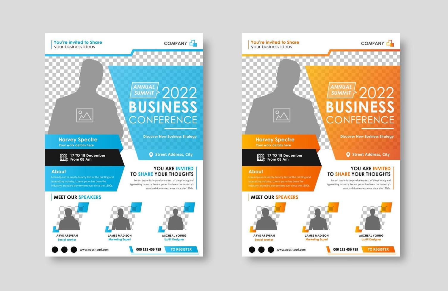 Business conference live meeting and event flyer template. Corporate invitation business workshop and abstract seminar promotion poster design. Leaflet, modern layout, pamphlet, vector flyer in A4.