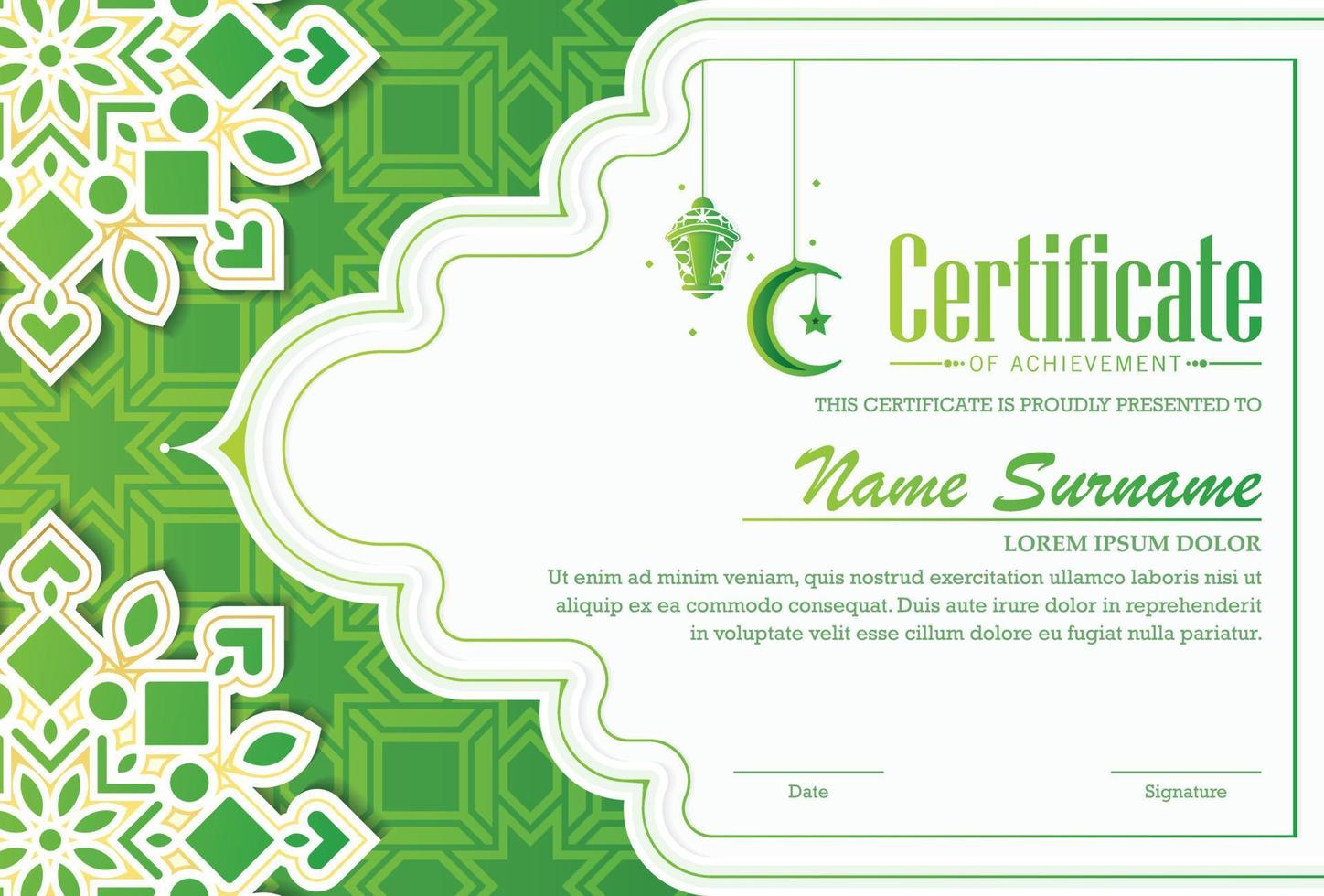 Green islamic ramadan award certificate vector