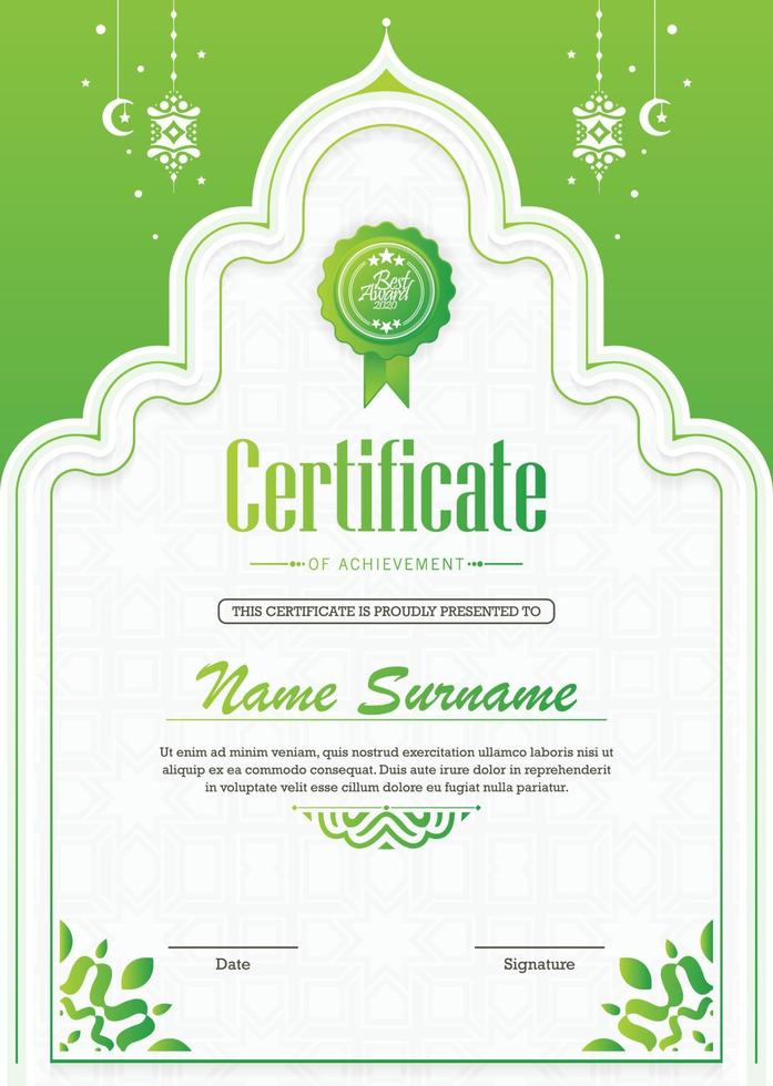 Green islamic ramadan award certificate vector