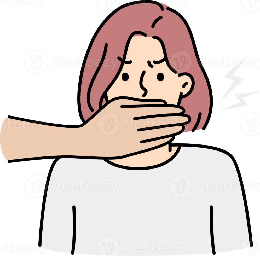 Hands cover woman mouth png