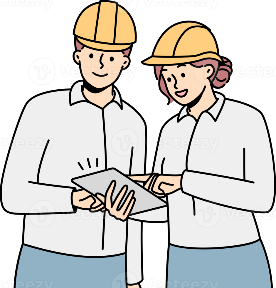 sorridente engenheiros dentro capacetes cooperando às construção local png