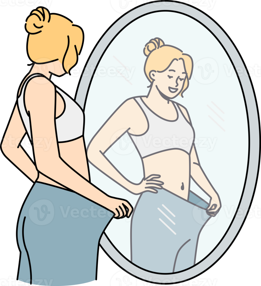 contento mujer Mira en espejo ver dieta resultados png