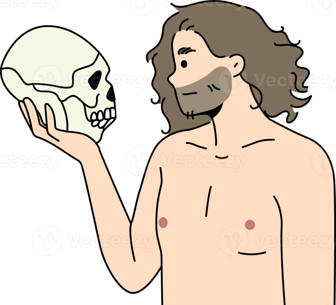 Neanderthal man with ancestor skull in hands png