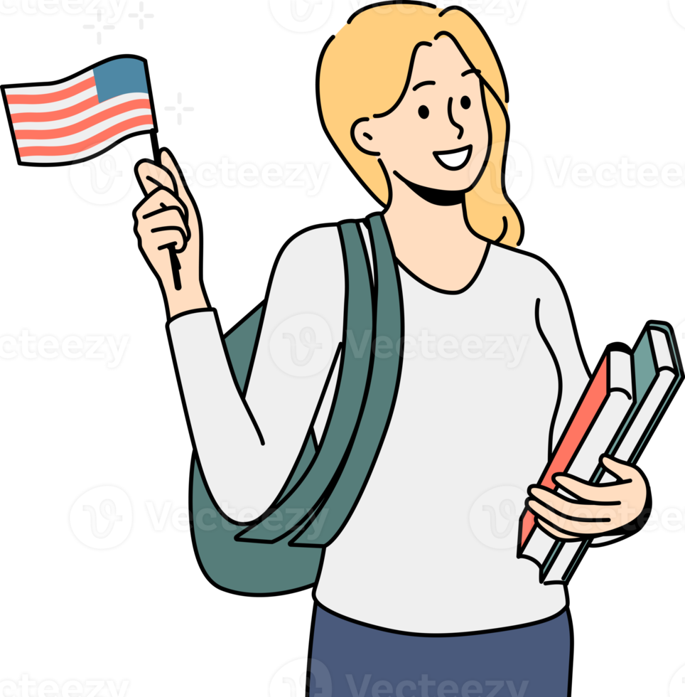 Smiling girl student with American flag png