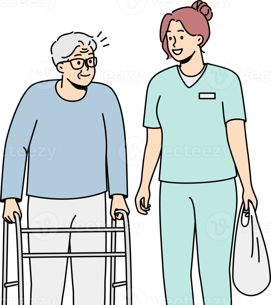Health care worker helps elderly disabled person with walking frame. png