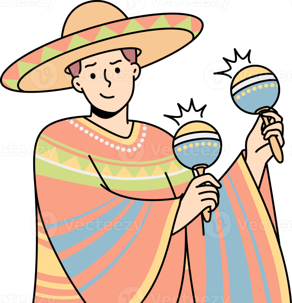 Mexican man in national costume, sombrero plays maracas. png