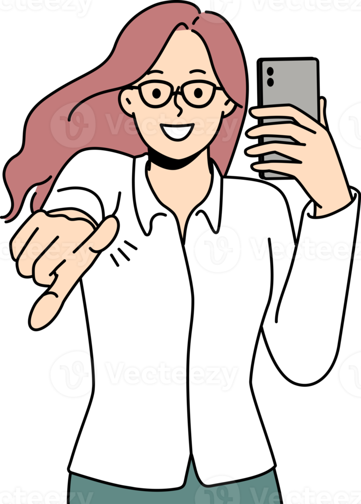 souriant femme avec téléphone portable point à écran png