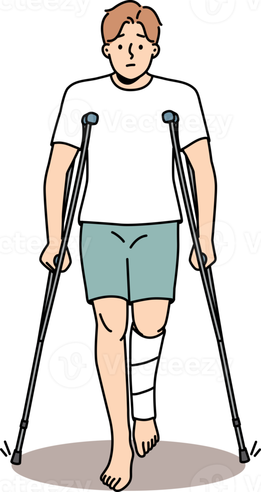 Young man with leg injury walk on crutches png