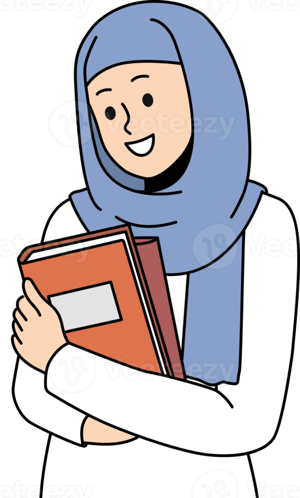 Smiling Arabic woman in hijab with books in hands png