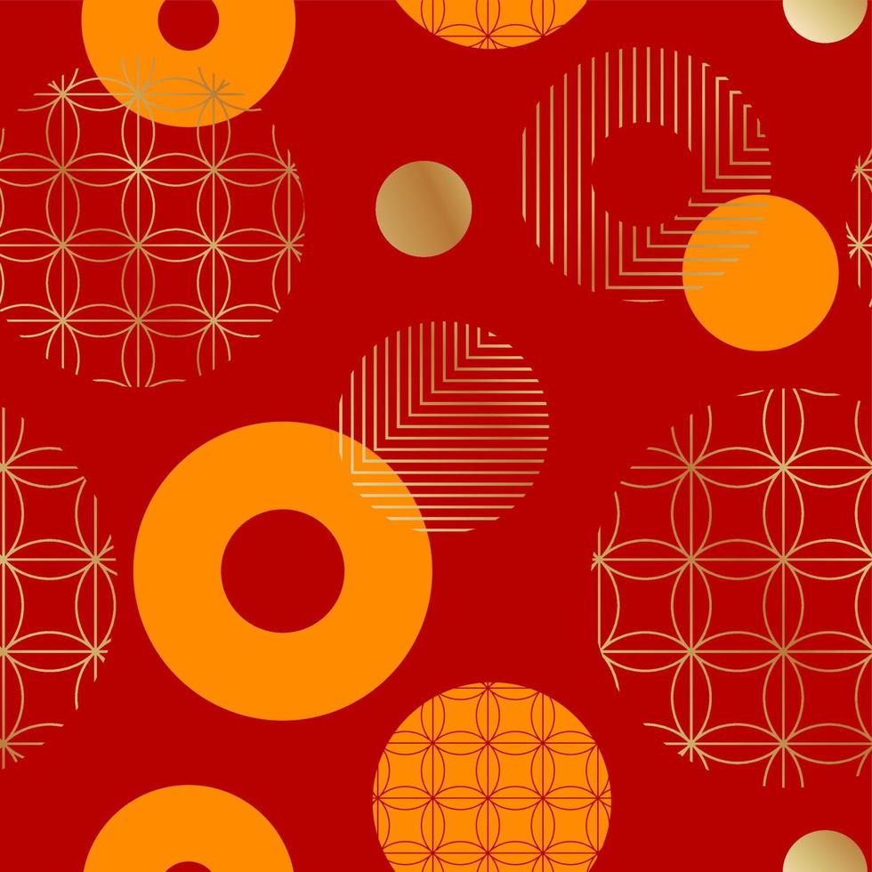 Vector Chinese or Japanese Circle, Geometric Line Drawing and Floral Seamless Pattern for Wrapping Paper or Fabric Print.