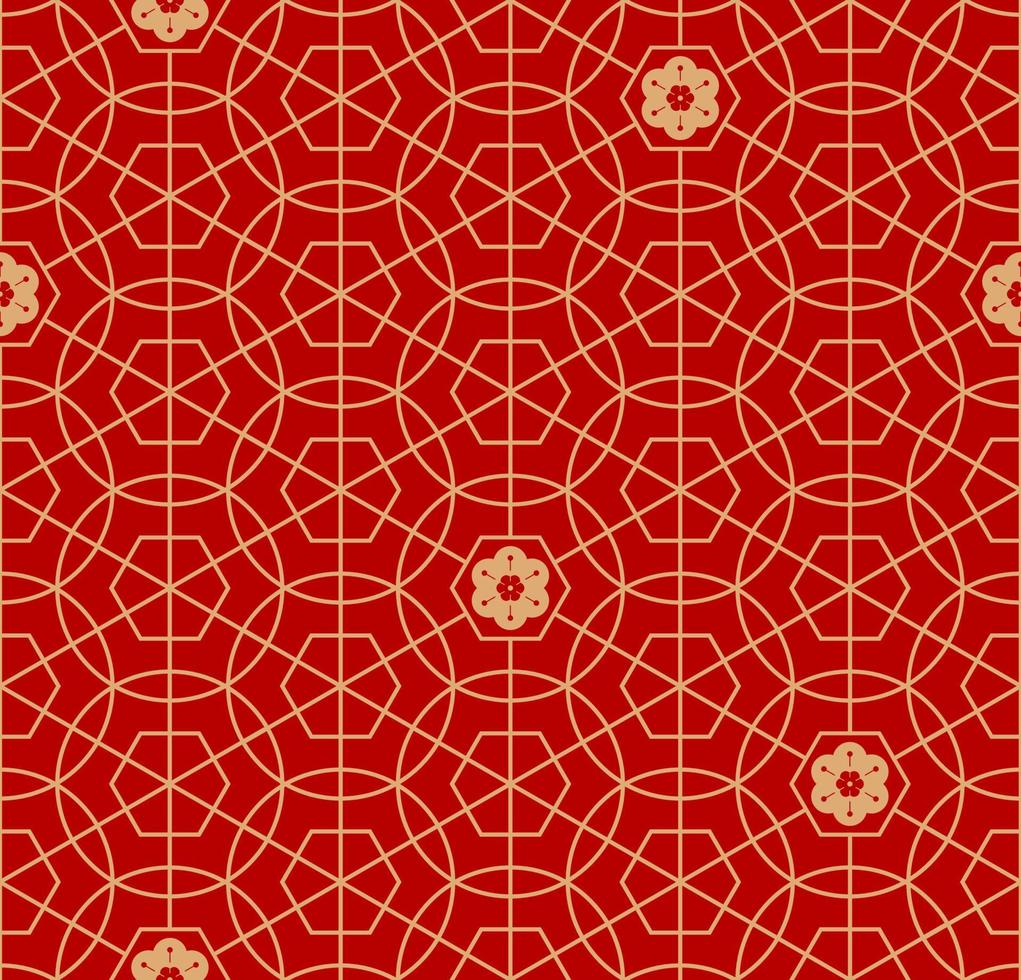 Vector Traditional Chinese, Korean or Japanese Geometric and Floral Seamless Pattern for Lunar New Year, Celebration, Fabric and Wrapping Paper Print. Red and Gold.