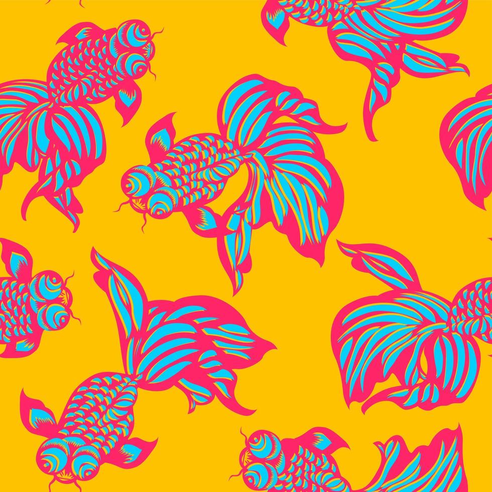 Vector Modern Chinese Traditional Paper Cutting Seamless Pattern. Goldfish in Lotus Pond.