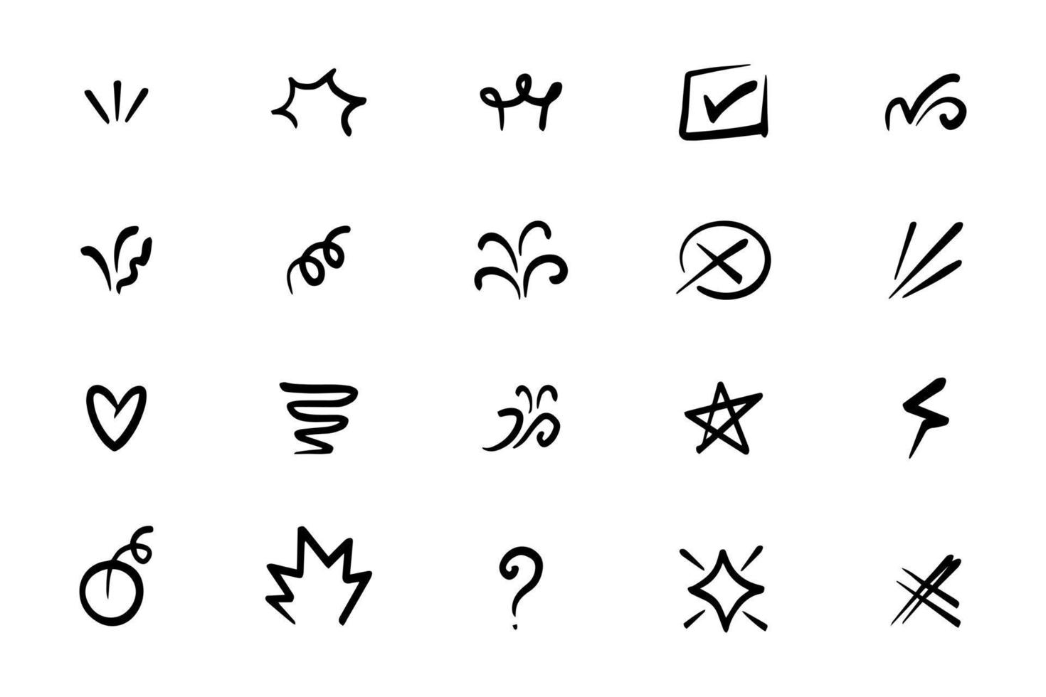 Collection of hand drawn line showing lines, sunbeams, flakes, surprise etc. vector