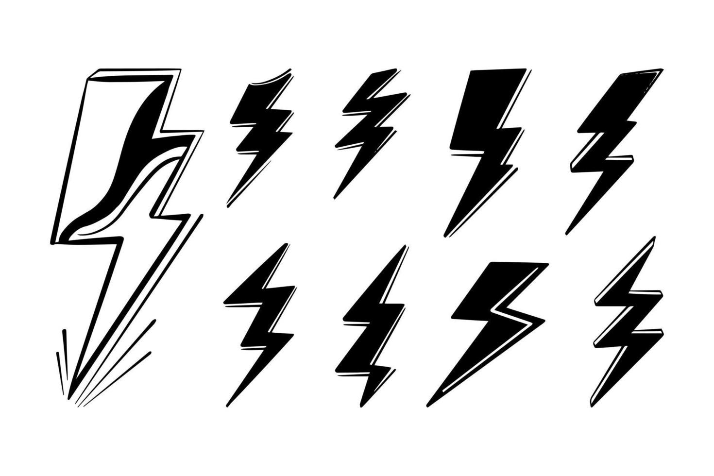 set of hand drawn vector doodle electric lightning bolt symbol sketch illustrations. thunder, vector ilustration