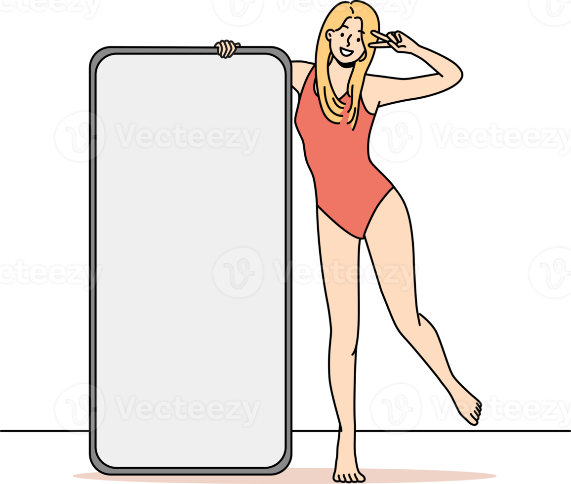 Smiling girl posing near cellphone png