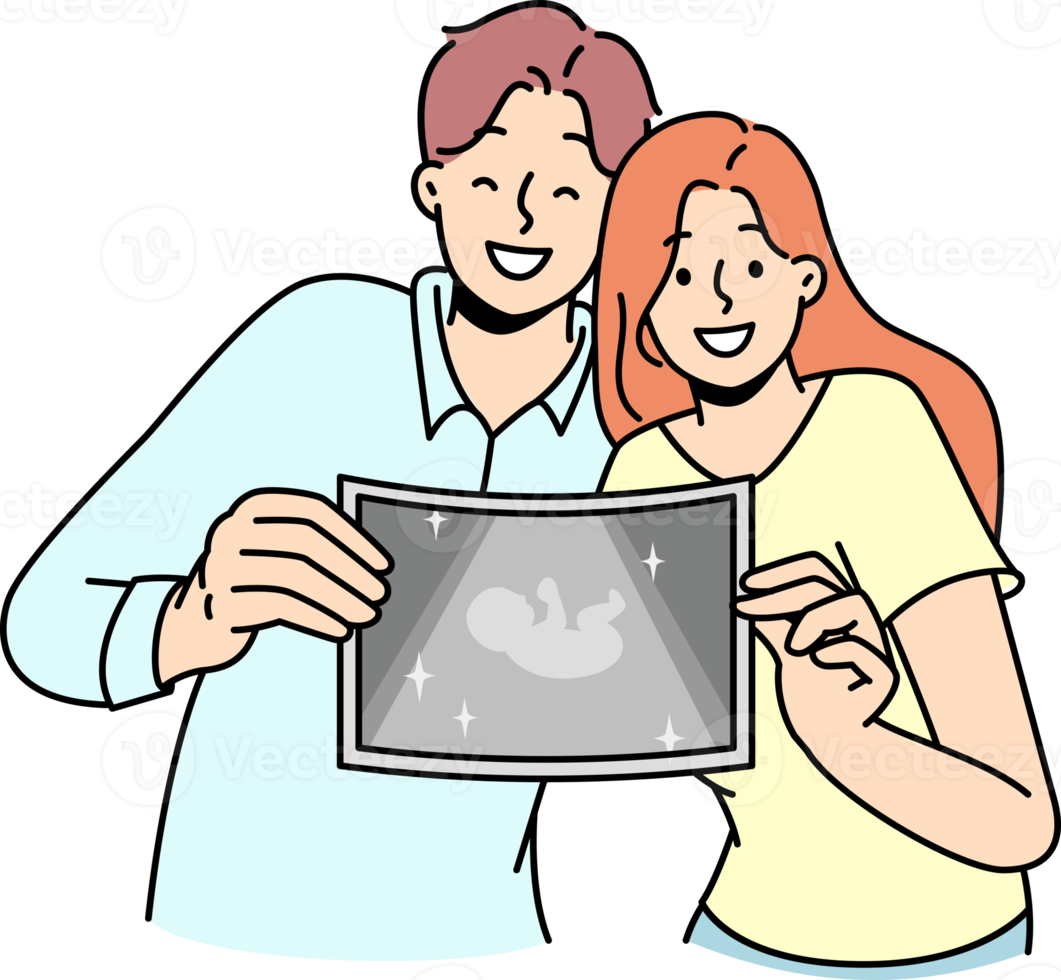 Happy couple showing ultrasound picture of baby png