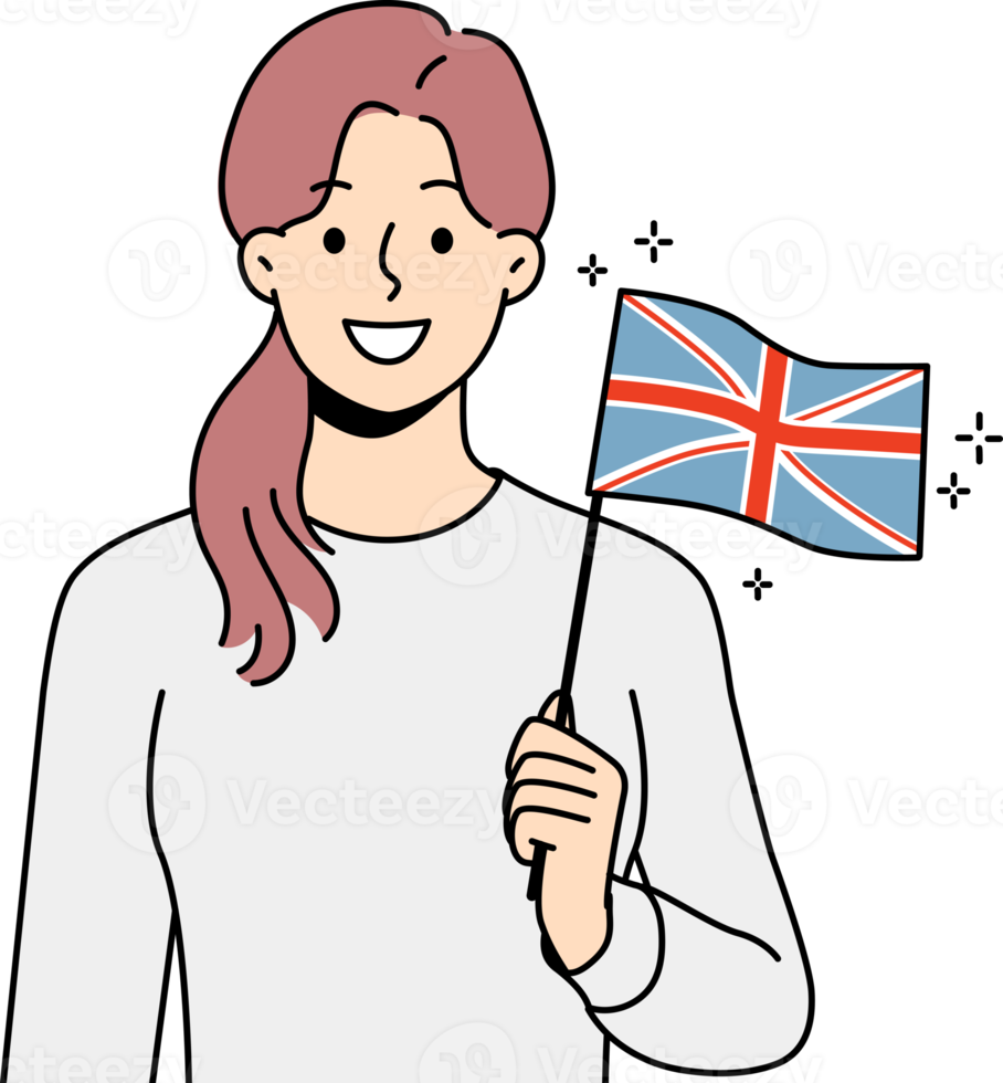 Smiling woman hold in hands UK flag png