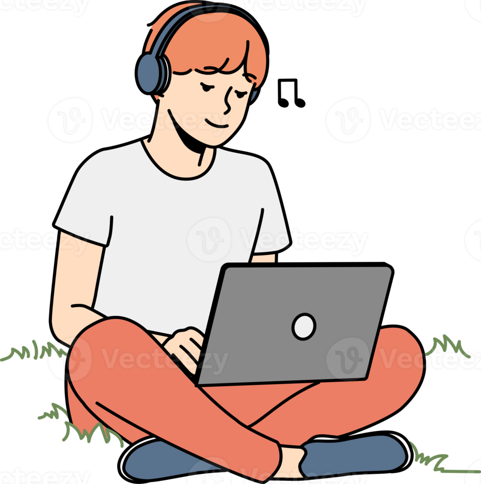 Guy sitting on grass with laptop and headphones png