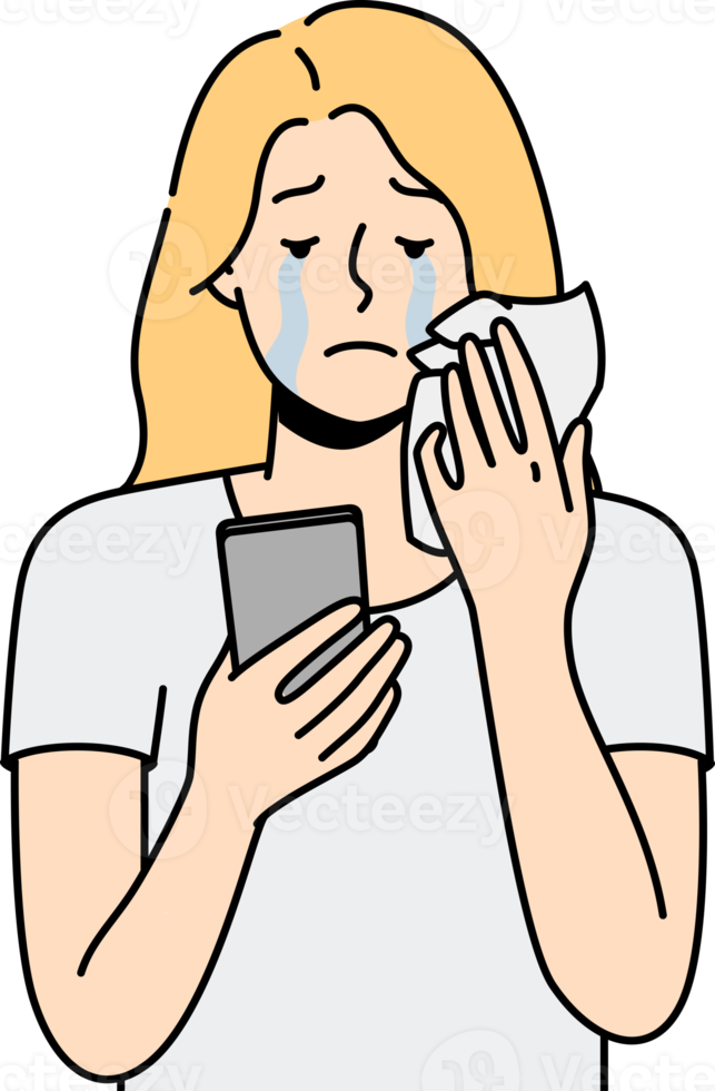 Unhappy woman look at cell screen crying png