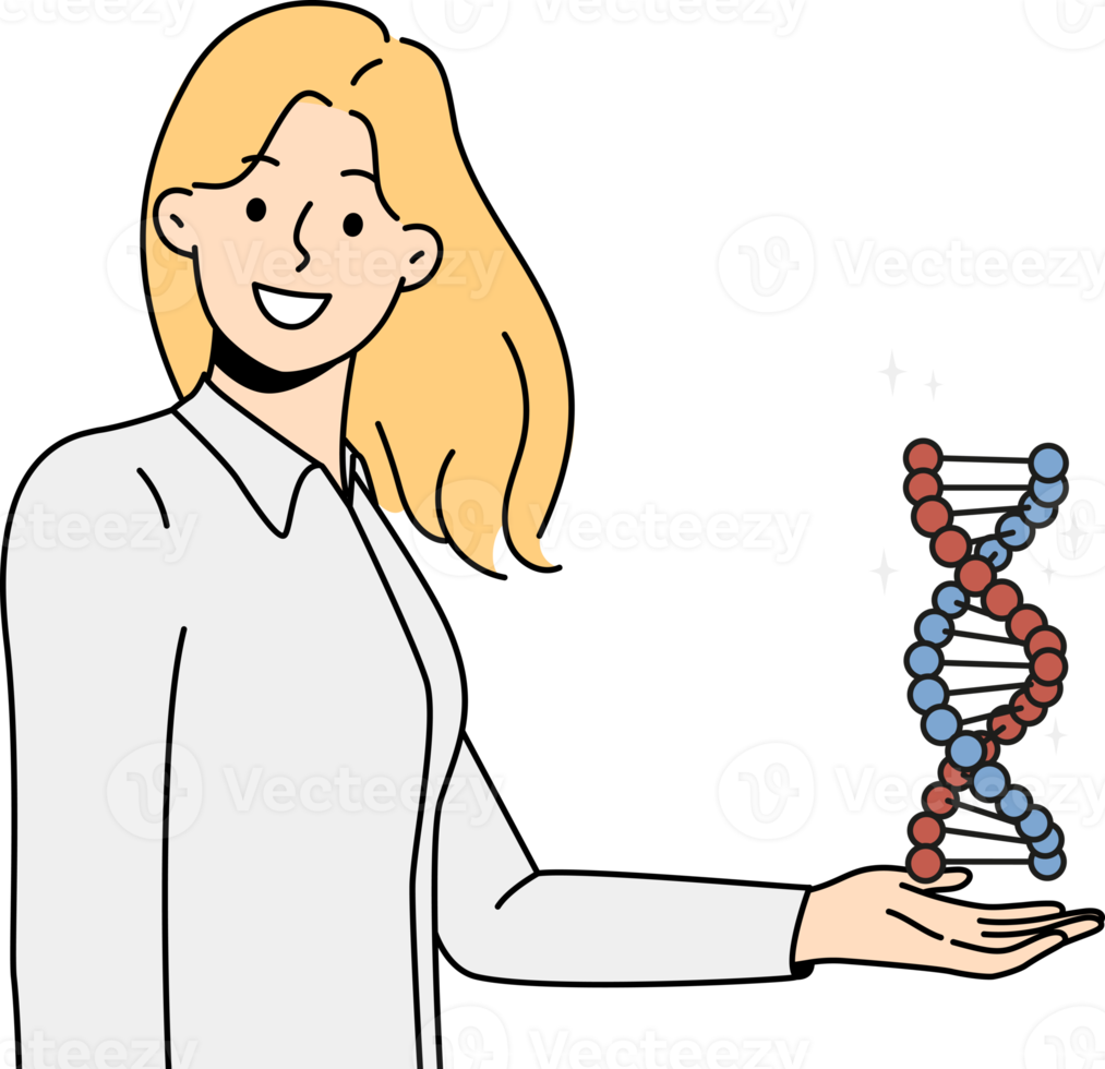 Smiling female scientist hold DNA model 21468868 PNG