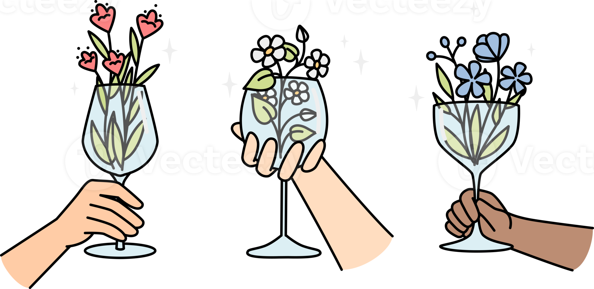 Hands of multiracial people holds wineglasses with flowers. png