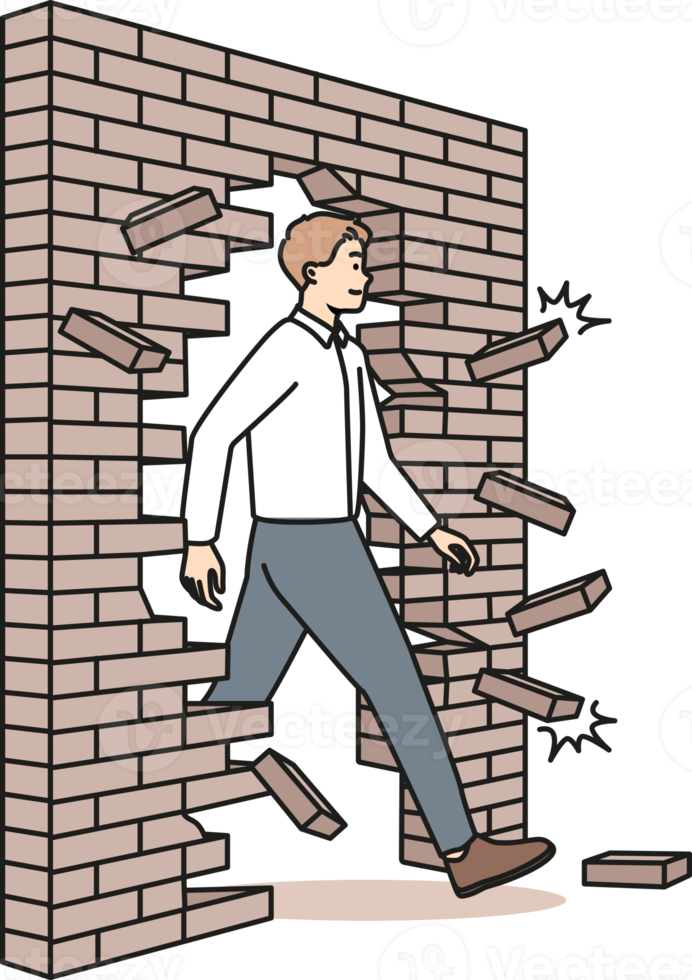 Motivated businessman break wall go for success png