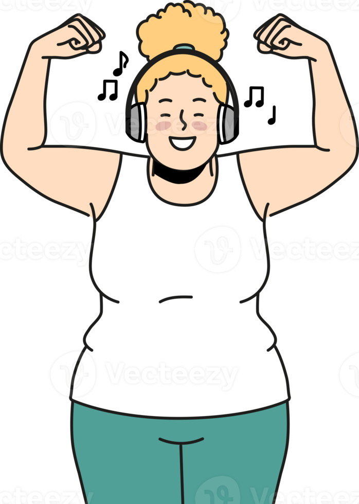 Overjoyed fat woman training listening to music png