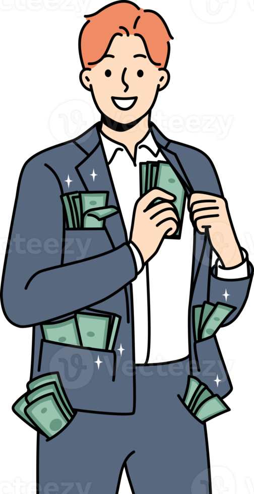 Wealthy businessman with money in pockets png