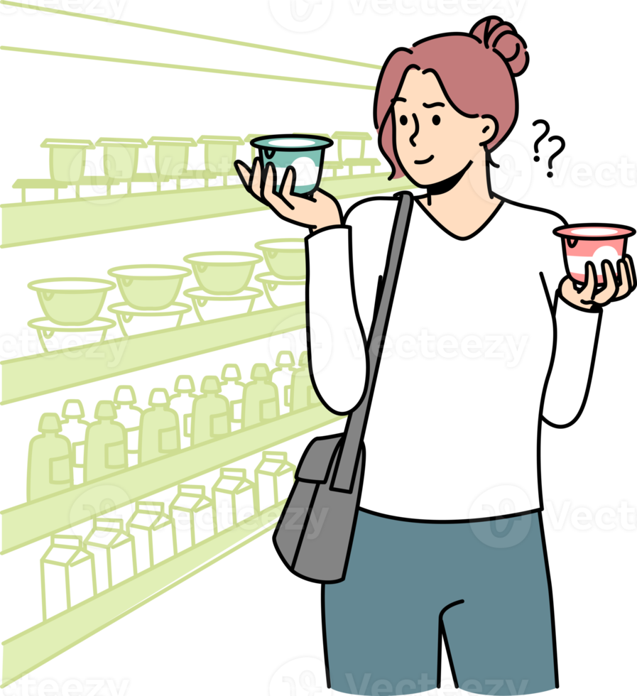 Young woman choose dairy product in supermarket png