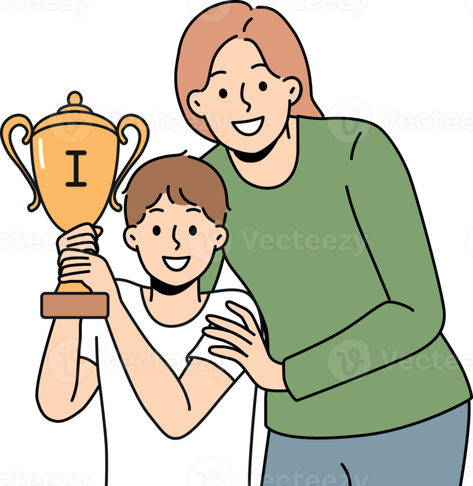 Smiling mother hug son with golden trophy png