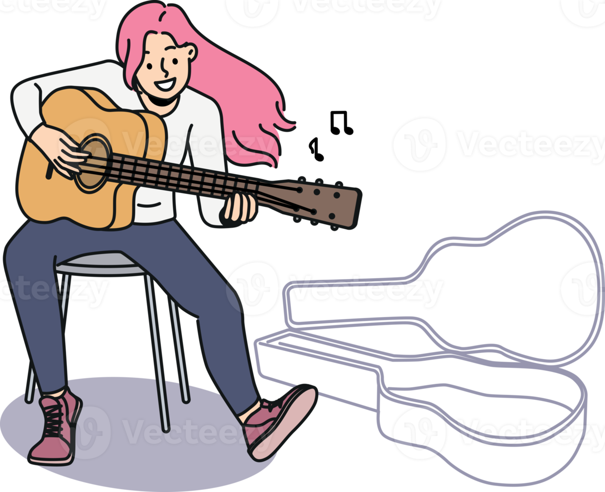 Smiling woman with pink hair play guitar png