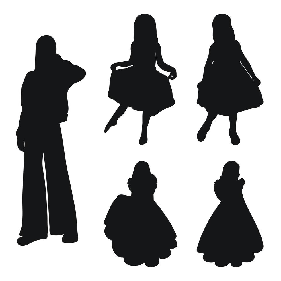 Vector collection of black silhouettes of children and teenagers posing for a casting. Model of the body of a child, the figure of a girl, a teenager.