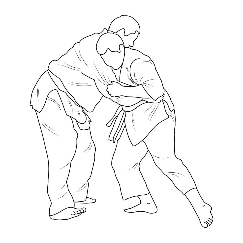 Sketch judoist, judoka athlete duel, fight, judo, sport figure silhouette outline vector