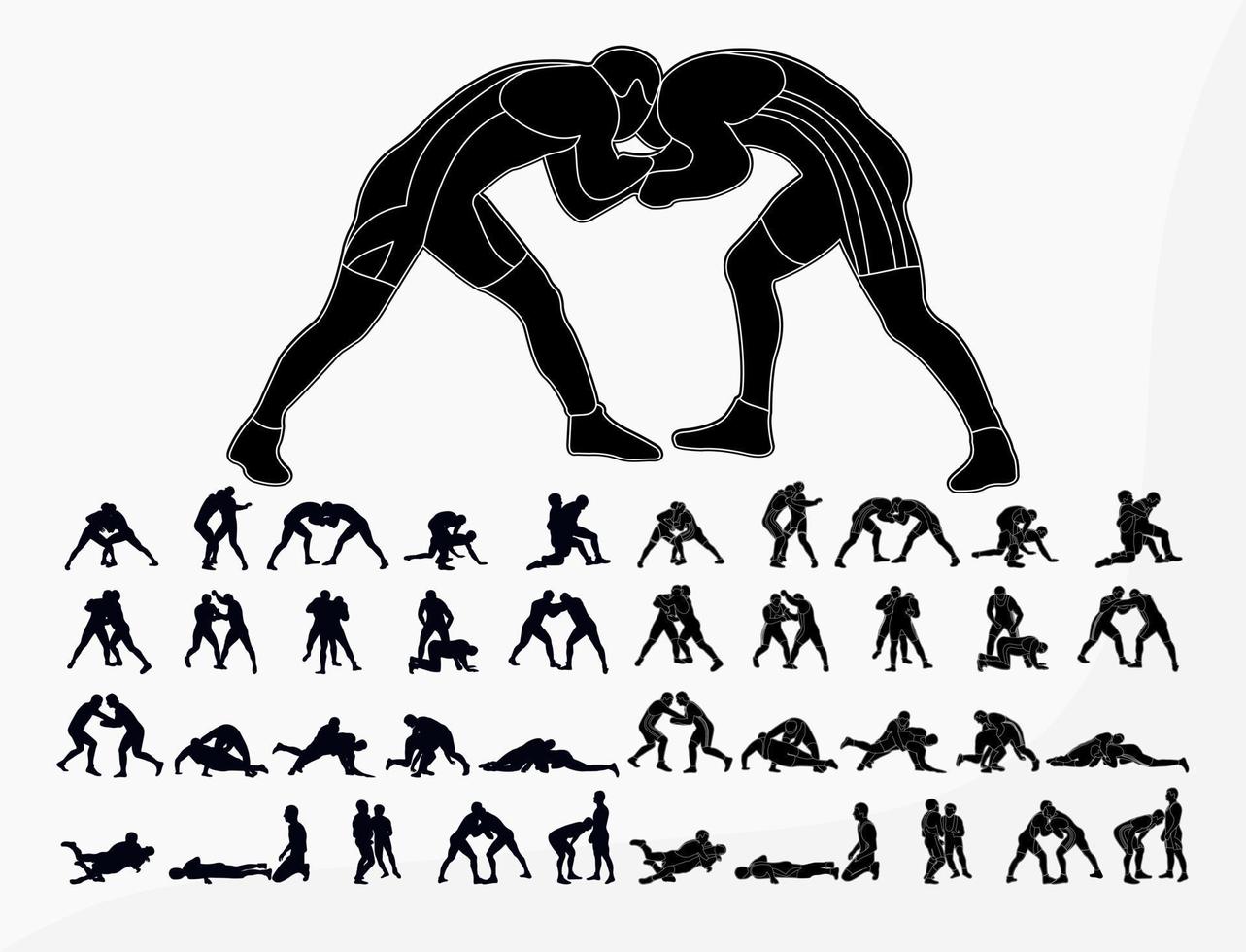 Big set 40 silhouettes athlete wrestler in wrestling, duel, fight. Greco Roman  wrestling, martial art, sportsmanship vector