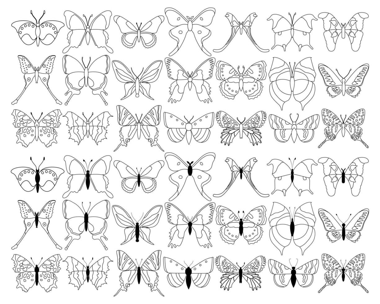 Big set butterflies on a white background, drawing decorative insect, silhouettes hand draw, isolated vector