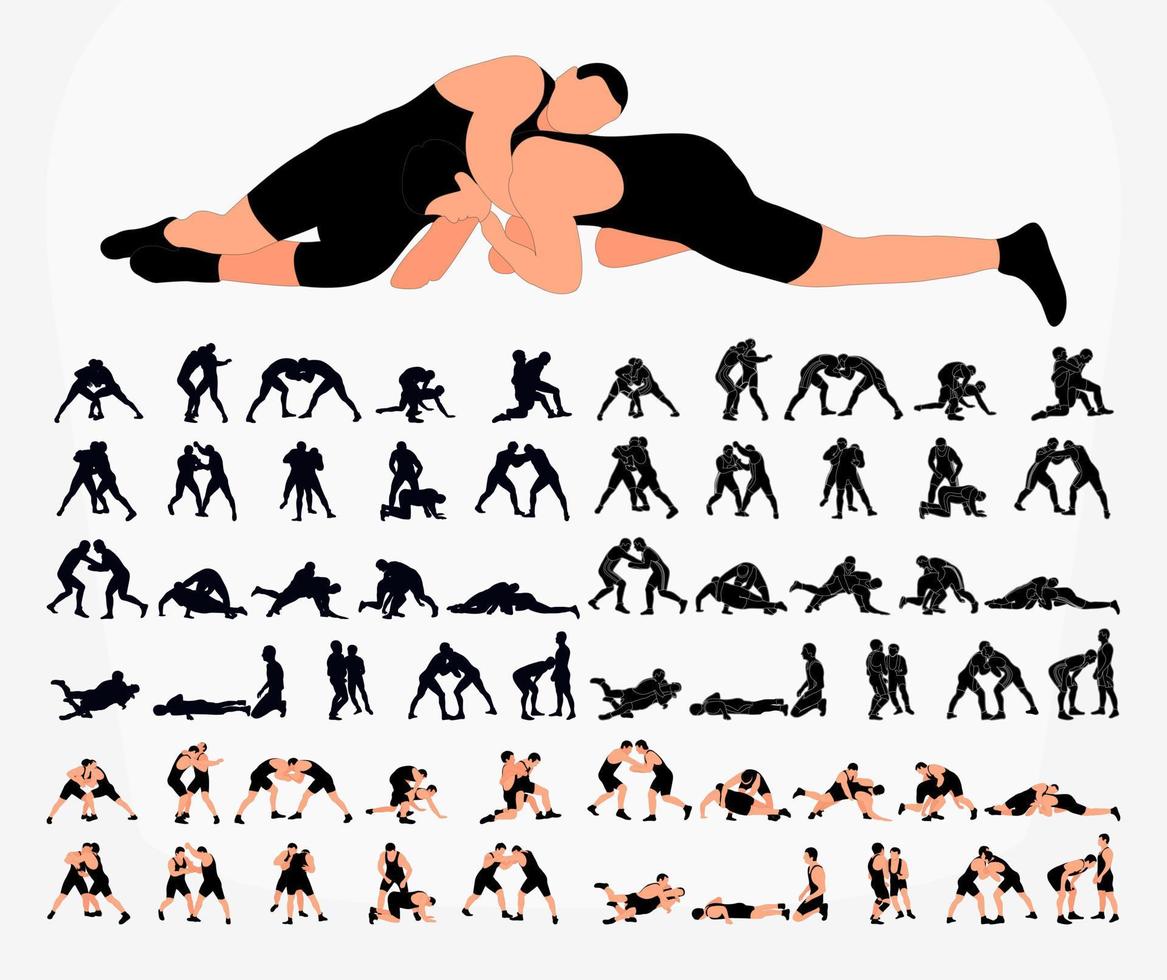 Big set 60 silhouettes athlete wrestler in wrestling, duel, fight. Greco Roman  wrestling, martial art, sportsmanship vector