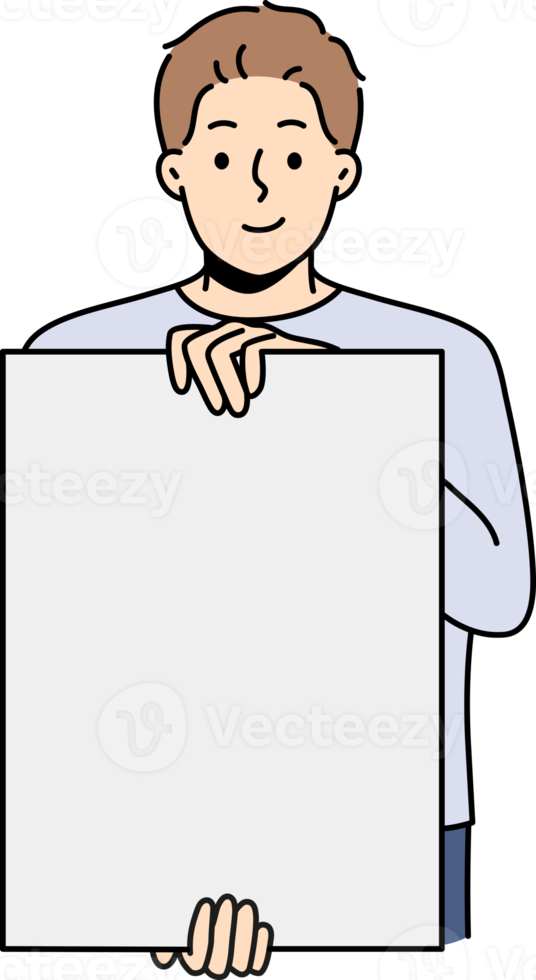 Smiling man holding white mockup poster png