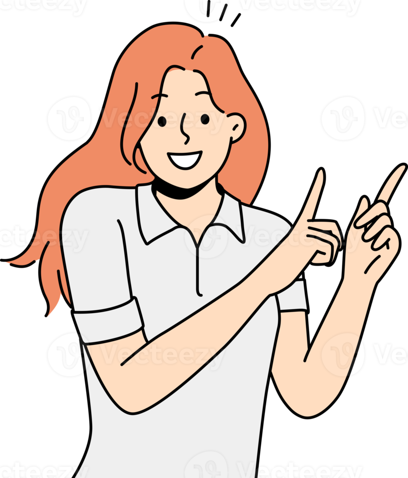 Smiling girl point up with fingers png