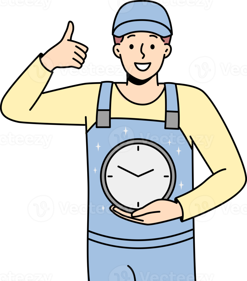 Smiling man in uniform holding clock png