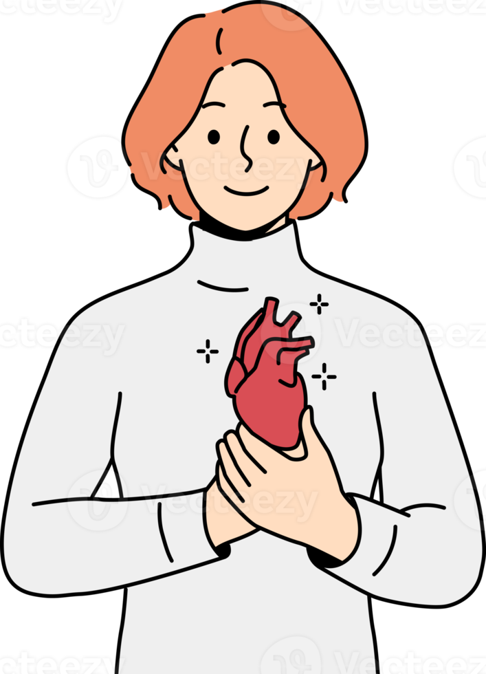 Smiling woman holding heart in hands png