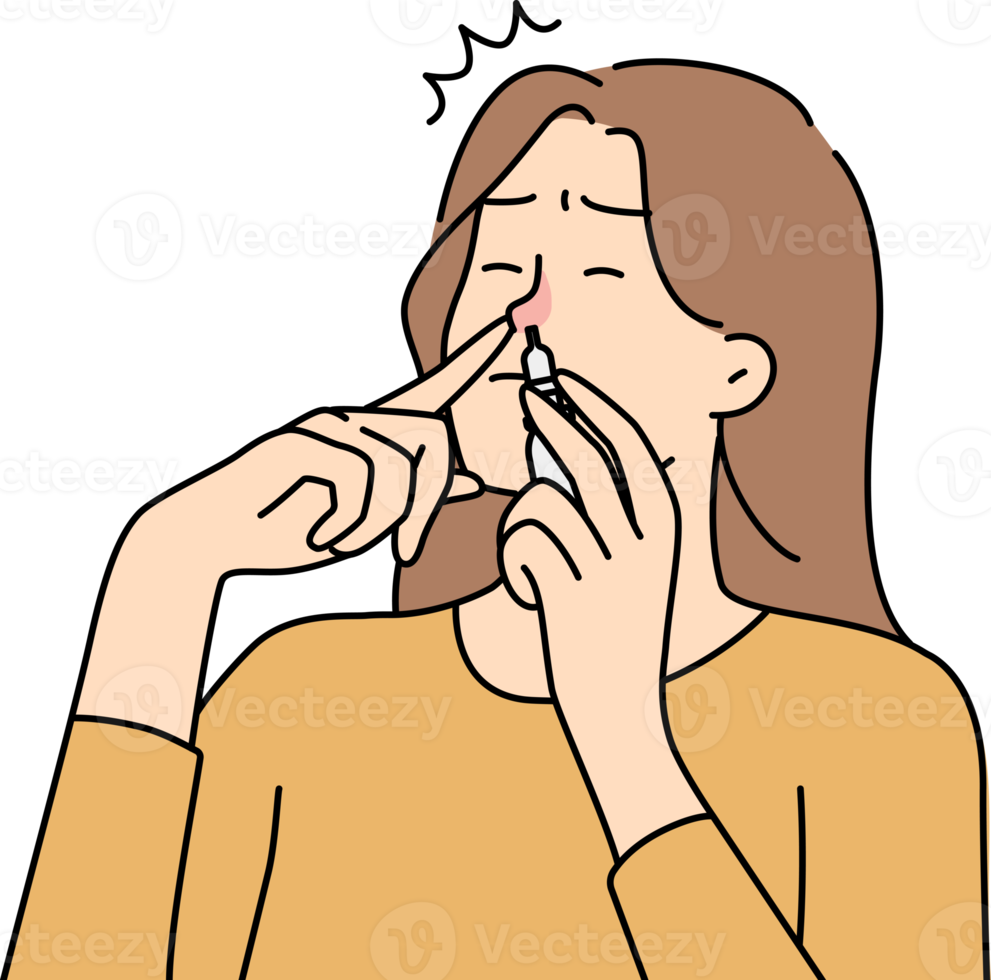 sjuk kvinna använda sig av droppar för rinnande näsa png