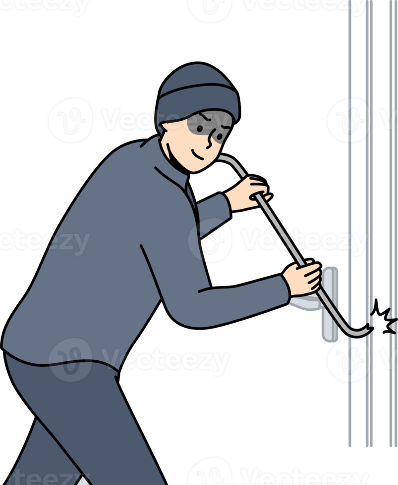 Robber in dark clothing force lock of building door. png