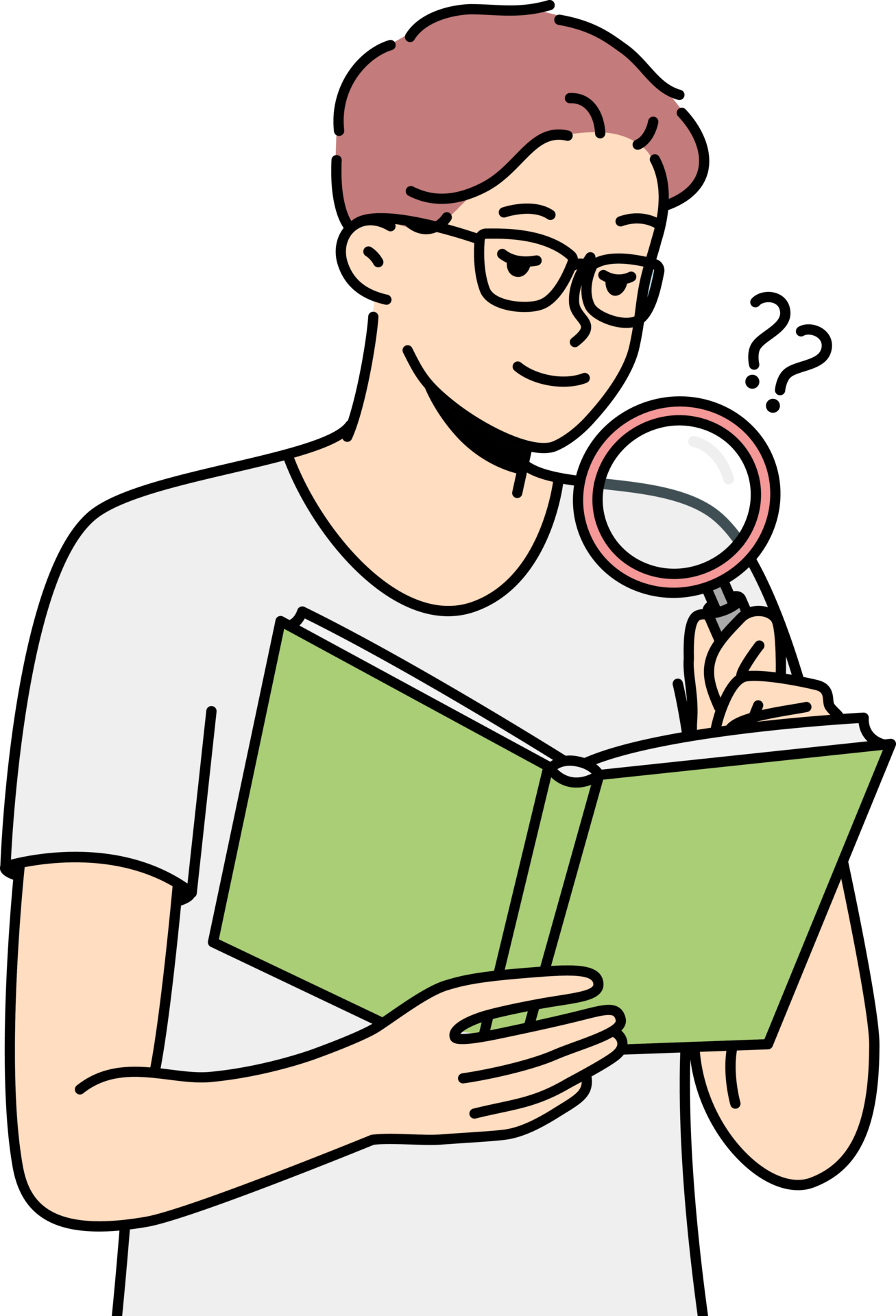 Spectacled man reading book using magnifying glass. 21469025 PNG